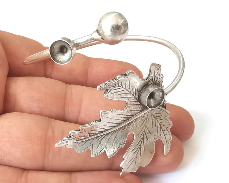 Leaf bracelet blank resin cuff dry flower inlay blank cuff bezel Glass cabochon base Adjustable Antique Silver plated brass (8mm ) G26085