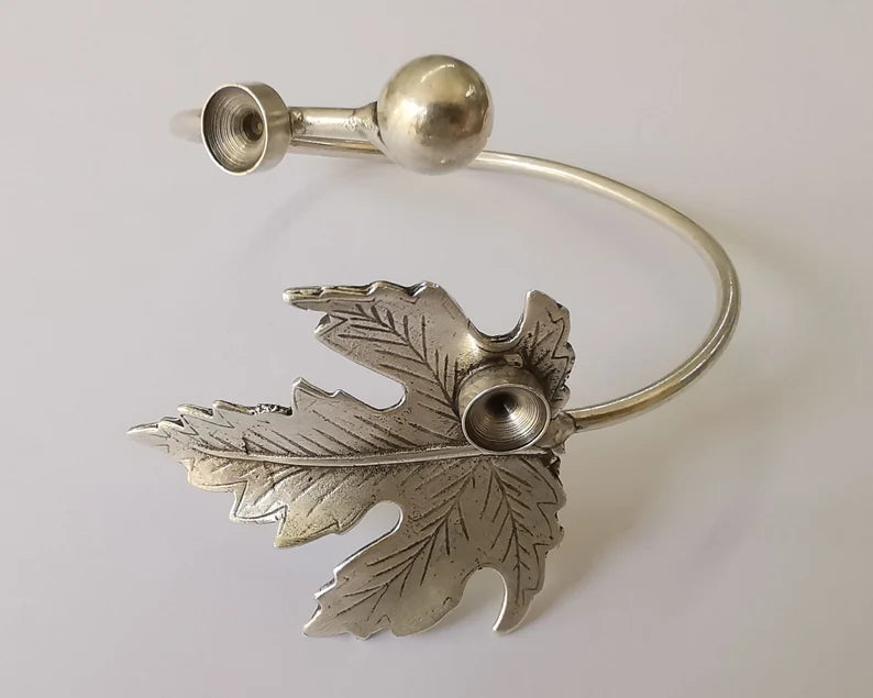 Leaf bracelet blank resin cuff dry flower inlay blank cuff bezel Glass cabochon base Adjustable Antique Silver plated brass (8mm ) G26085