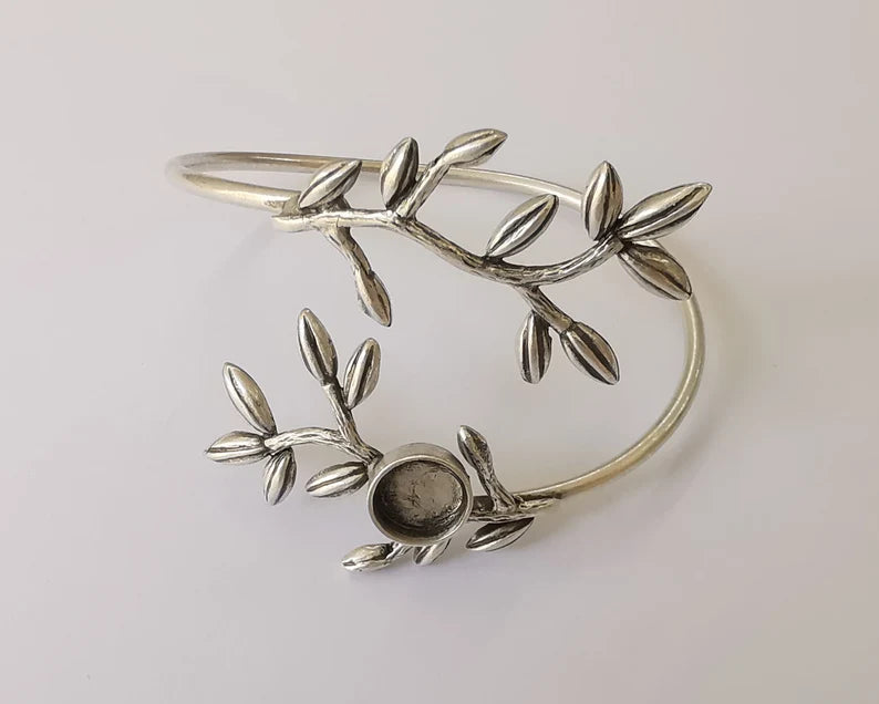 Branch leaf leaves bracelet cuff blank bezel Glass cabochon base Adjustable Antique silver plated brass (10mm blank) G26087