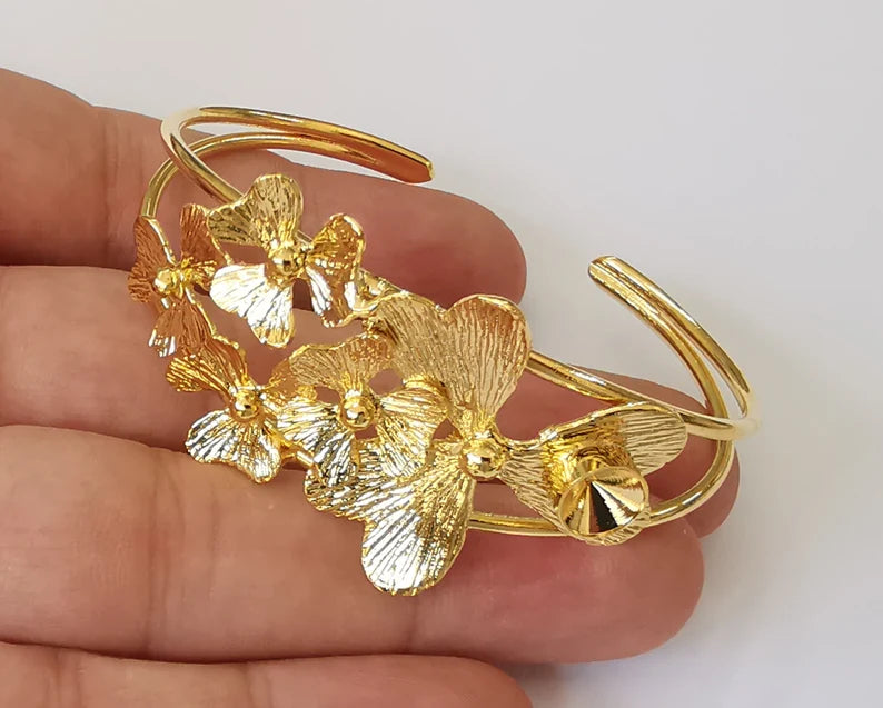 Flowers bracelet base blanks Cuff blanks Adjustable bracelet Shiny Gold Plated Brass (8mm Blank ) G26089