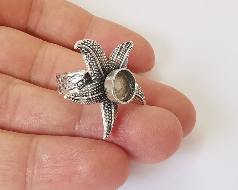 Starfish silver ring setting blank cabochon mounting Adjustable ring base bezel Antique Silver Plated Brass (8mm) G25839