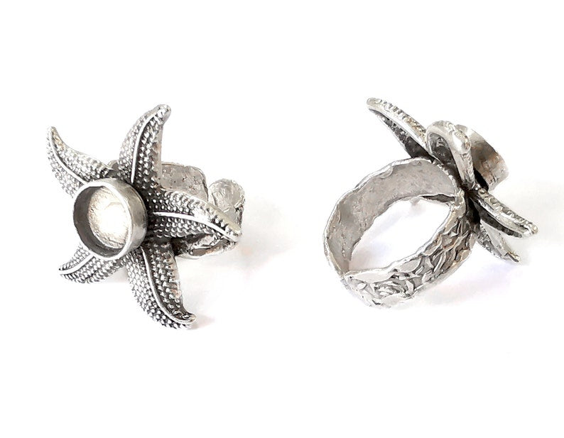 Starfish silver ring setting blank cabochon mounting Adjustable ring base bezel Antique Silver Plated Brass (8mm) G25839