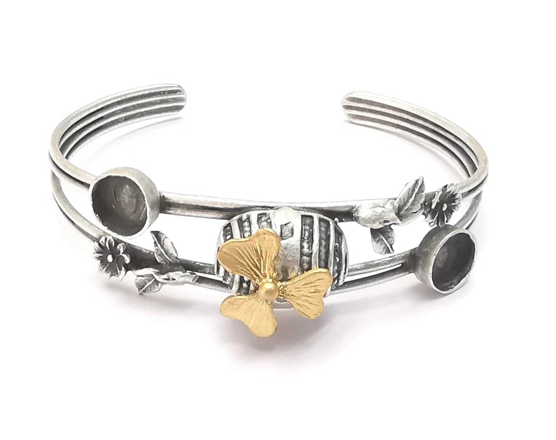 Flower leaf bracelet brass cuff blank bezel Glass cabochon base Adjustable antique silver and gold brass (8 mm blanks ) G26256