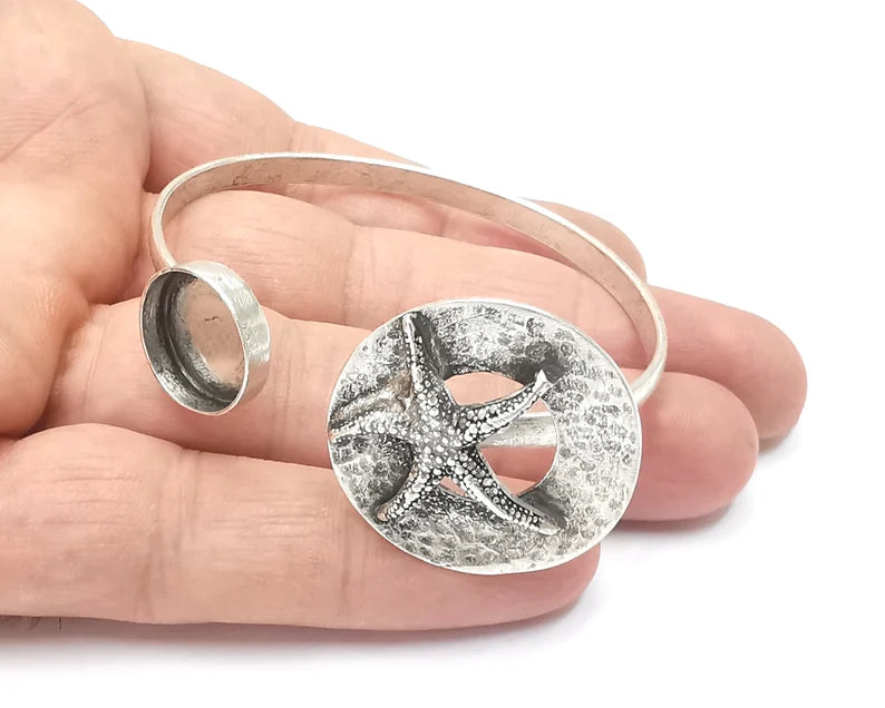 Starfish silver bracelet brass cuff blank bezel Glass cabochon base Adjustable antique silver brass (14 mm blank) G26264