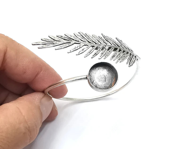 Fern silver bracelet brass cuff blank bezel Glass cabochon base Adjustable antique silver brass (14 mm blank) G26265