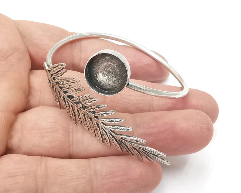 Fern silver bracelet brass cuff blank bezel Glass cabochon base Adjustable antique silver brass (14 mm blank) G26265