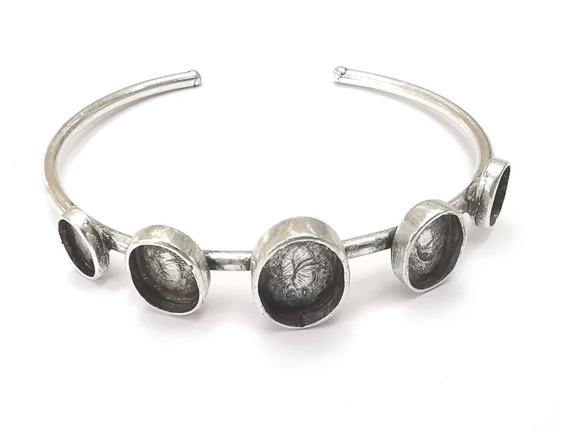 Oval bracelet brass Cuff blank bezel Glass cabochon base Adjustable Antique silver plated brass G29642