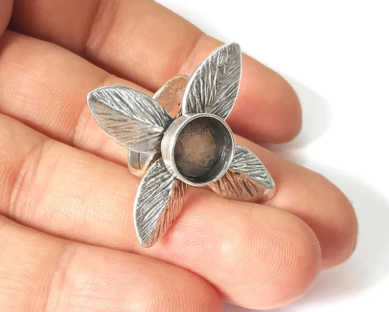 Leaf leaves silver ring setting blank cabochon mounting Adjustable ring base bezel Antique Silver Plated Brass (10mm) G26108