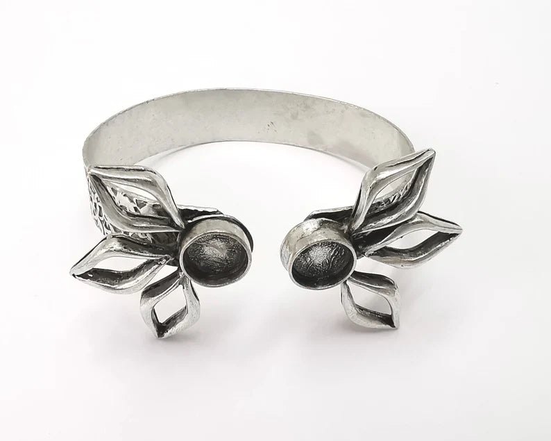 Flower branch silver bracelet brass cuff blank bezel Glass cabochon base Adjustable antique silver brass (10 mm blanks) G26291