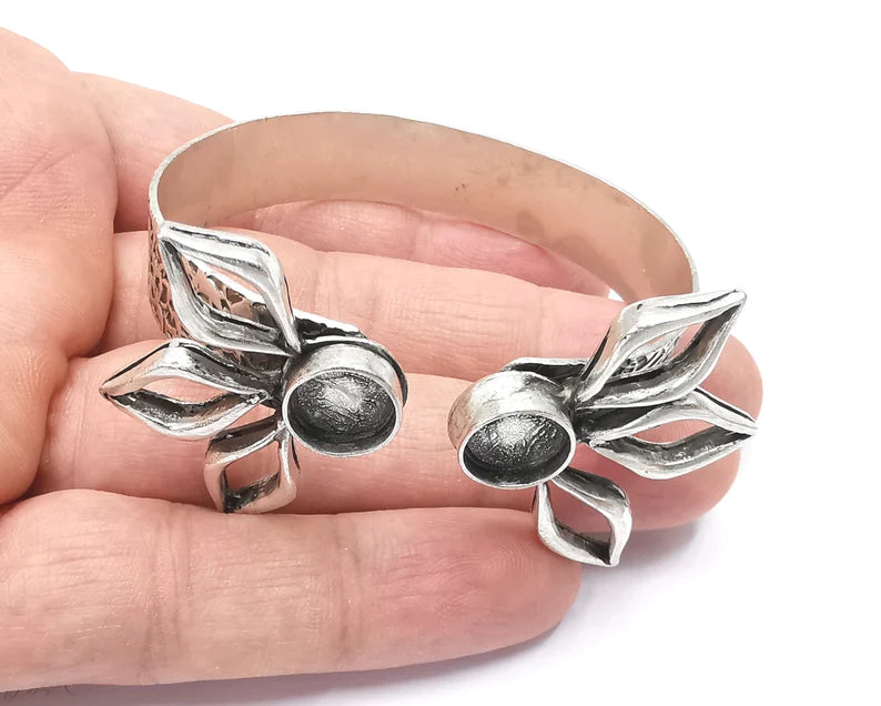 Flower branch silver bracelet brass cuff blank bezel Glass cabochon base Adjustable antique silver brass (10 mm blanks) G26291