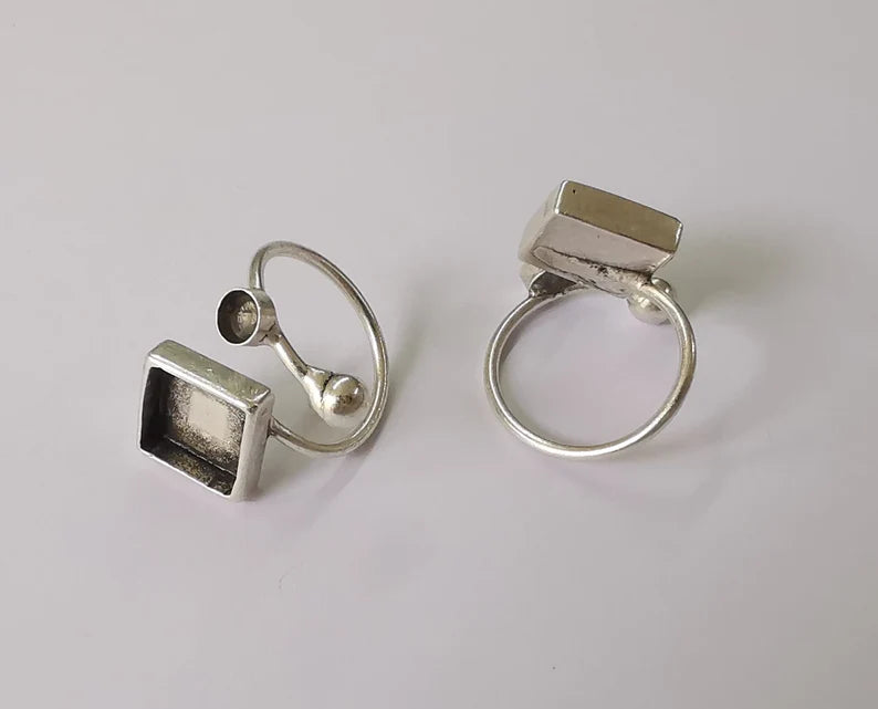 Square ball silver ring setting blank cabochon mounting Adjustable ring base bezel Antique Silver Plated Brass (11x11mm blanks) G26126