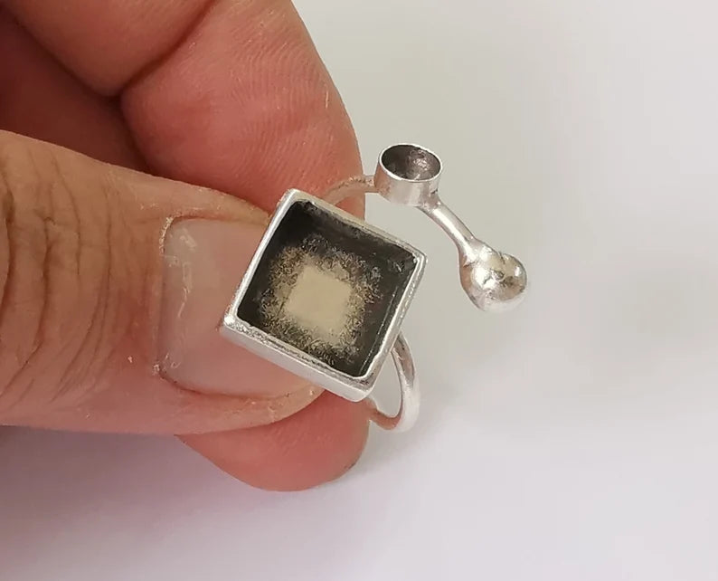 Square ball silver ring setting blank cabochon mounting Adjustable ring base bezel Antique Silver Plated Brass (11x11mm blanks) G26126