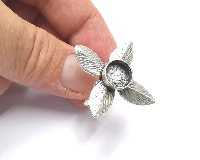 Leaf leaves silver ring setting blank cabochon mounting Adjustable ring base bezel Antique Silver Plated Brass (10mm) G26296