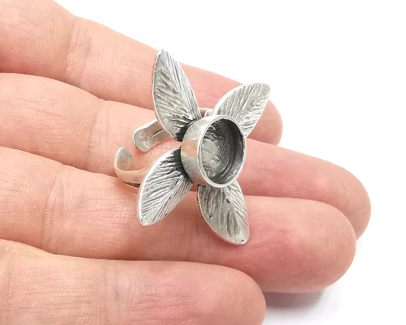 Leaf leaves silver ring setting blank cabochon mounting Adjustable ring base bezel Antique Silver Plated Brass (10mm) G26296