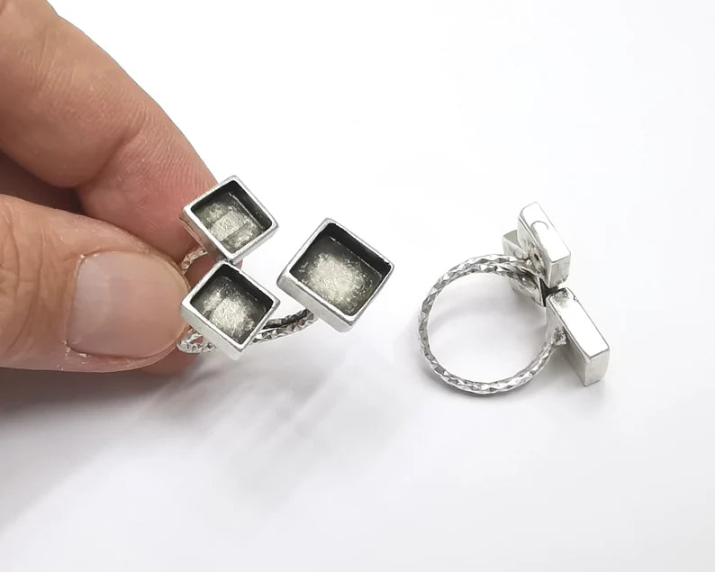 Squares blanks silver ring setting cabochon mounting adjustable ring base bezel Antique silver plated brass (11 and 8mm) G26302