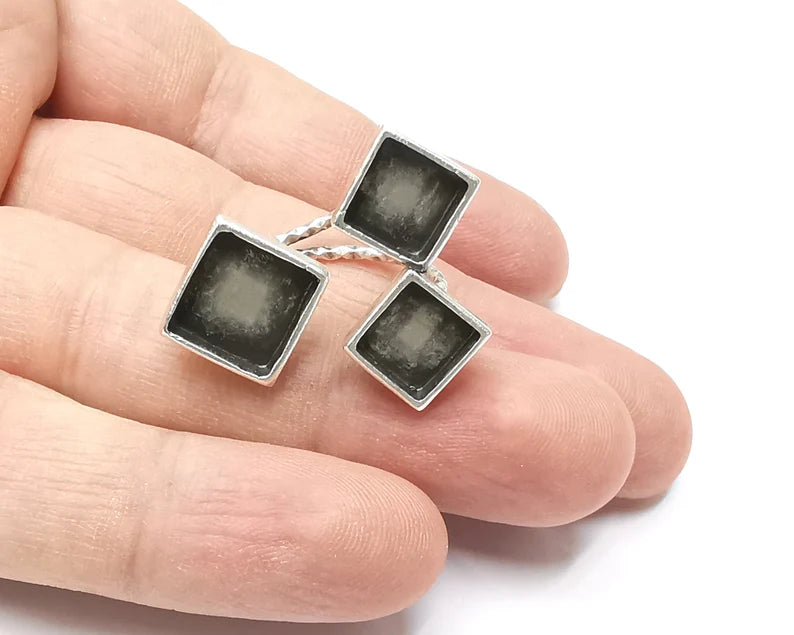 Squares blanks silver ring setting cabochon mounting adjustable ring base bezel Antique silver plated brass (11 and 8mm) G26302