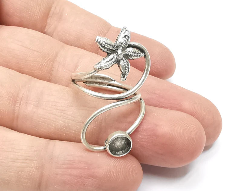 Starfish blank silver ring setting cabochon mounting adjustable ring base bezel Antique silver plated brass (6 mm) G26303