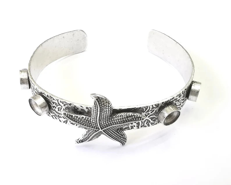 Starfish bracelet cuff blank bezel Glass cabochon base Adjustable antique silver plated brass (8 mm Blanks) G26138