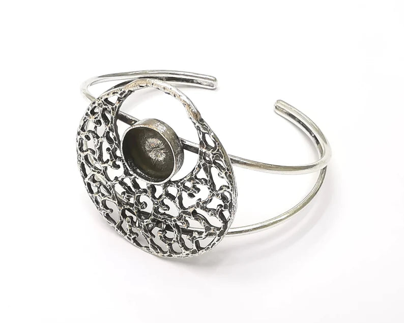 Filigree silver bracelet brass cuff blank bezel Glass cabochon base Adjustable antique silver brass (12 mm) G26317