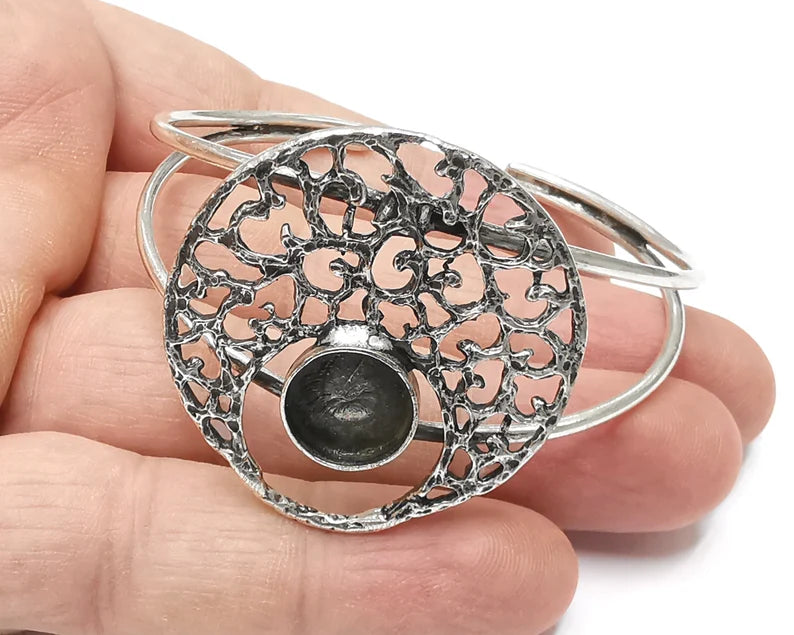 Filigree silver bracelet brass cuff blank bezel Glass cabochon base Adjustable antique silver brass (12 mm) G26317