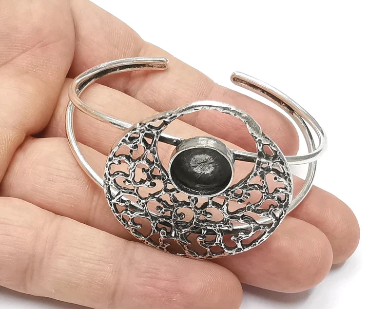 Filigree silver bracelet brass cuff blank bezel Glass cabochon base Adjustable antique silver brass (12 mm) G26317
