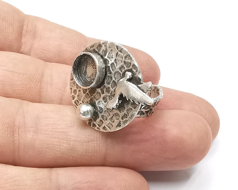 Bird ball hammered disc blanks silver ring setting cabochon mounting adjustable ring base bezel Antique silver plated brass (8mm) G26320