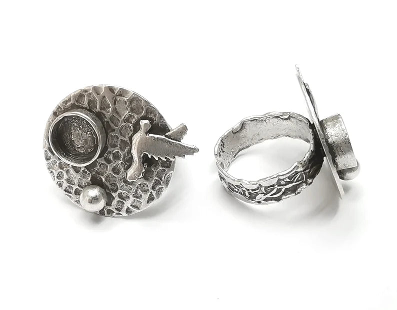 Bird ball hammered disc blanks silver ring setting cabochon mounting adjustable ring base bezel Antique silver plated brass (8mm) G26320