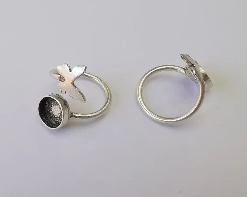 Butterfly silver ring setting blank cabochon mounting Adjustable ring base bezel Antique Silver Plated Brass (10 mm blank) G26144
