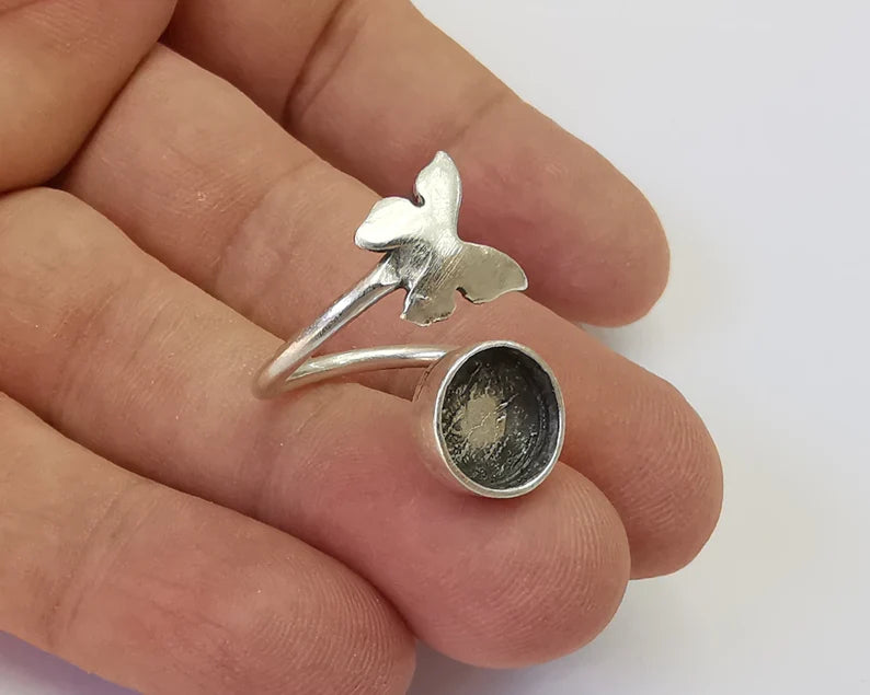 Butterfly silver ring setting blank cabochon mounting Adjustable ring base bezel Antique Silver Plated Brass (10 mm blank) G26144