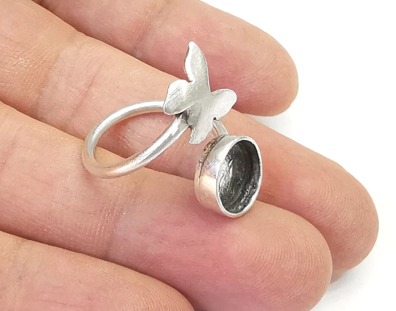 Butterfly silver ring setting blank cabochon mounting Adjustable ring base bezel Antique Silver Plated Brass (10 mm blank) G26144
