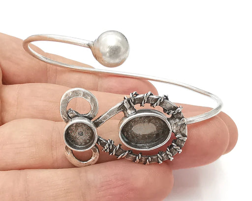Wire ball bracelet cuff blank bezel Glass cabochon base Adjustable antique silver plated brass (14x10mm and 8 mm Blanks) G26149