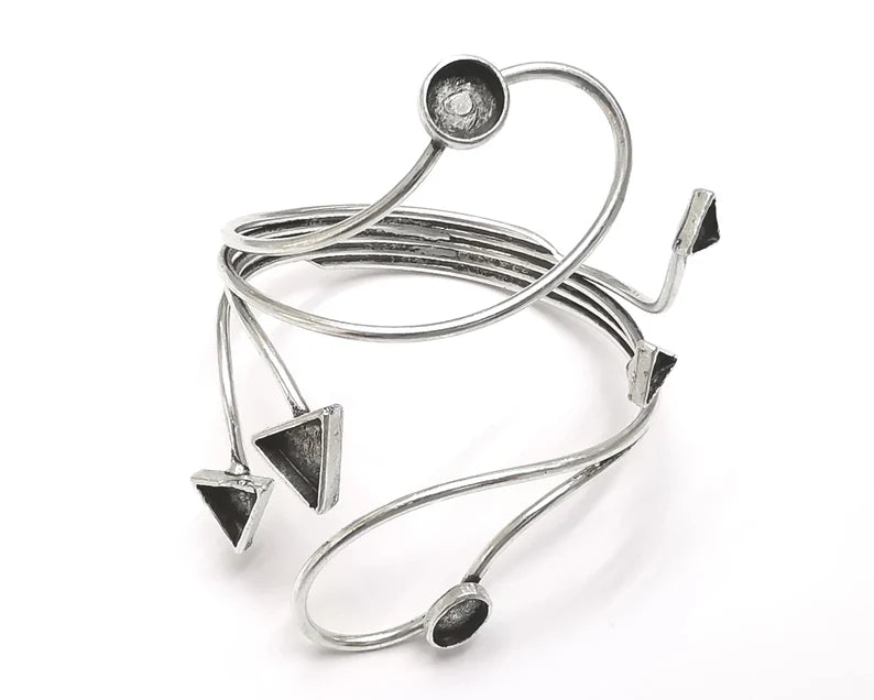 Geometric silver bracelet brass cuff blank bezel Glass cabochon base Adjustable antique silver brass G26328