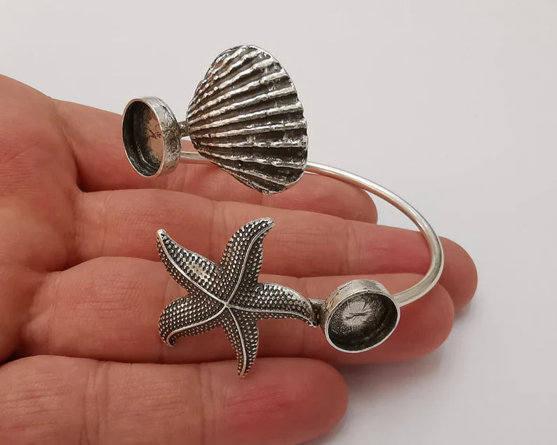 Starfish sea shell silver bracelet brass cuff blank bezel Glass cabochon base Adjustable antique silver brass (12 mm blanks ) G26153
