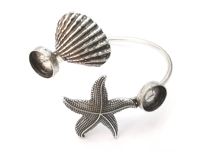 Starfish sea shell silver bracelet brass cuff blank bezel Glass cabochon base Adjustable antique silver brass (12 mm blanks ) G26153