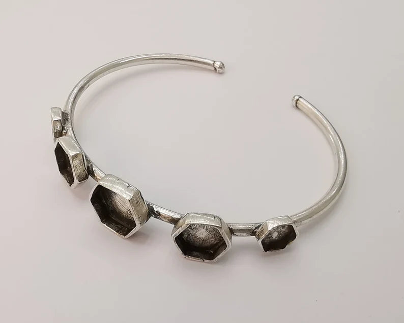 Hexagonal silver bracelet brass cuff blank bezel Glass cabochon base Adjustable antique silver brass G26154