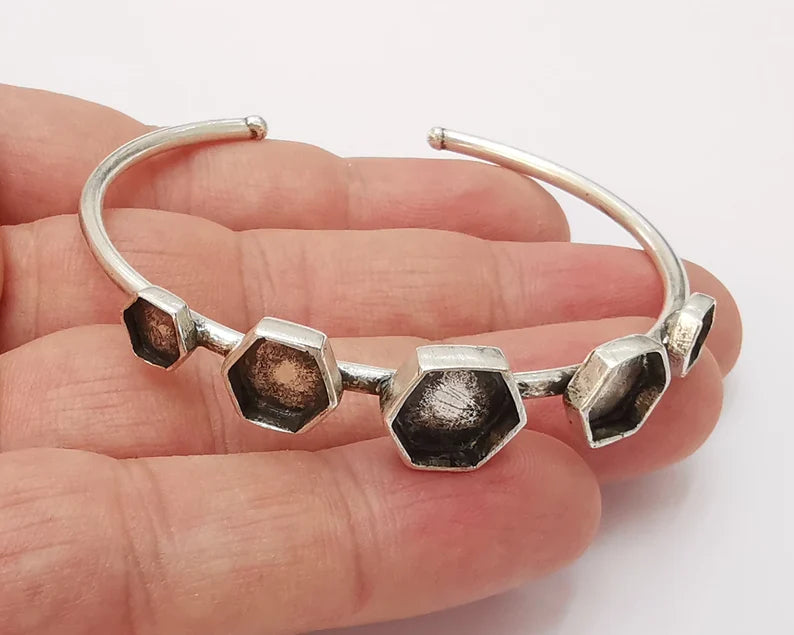 Hexagonal silver bracelet brass cuff blank bezel Glass cabochon base Adjustable antique silver brass G26154