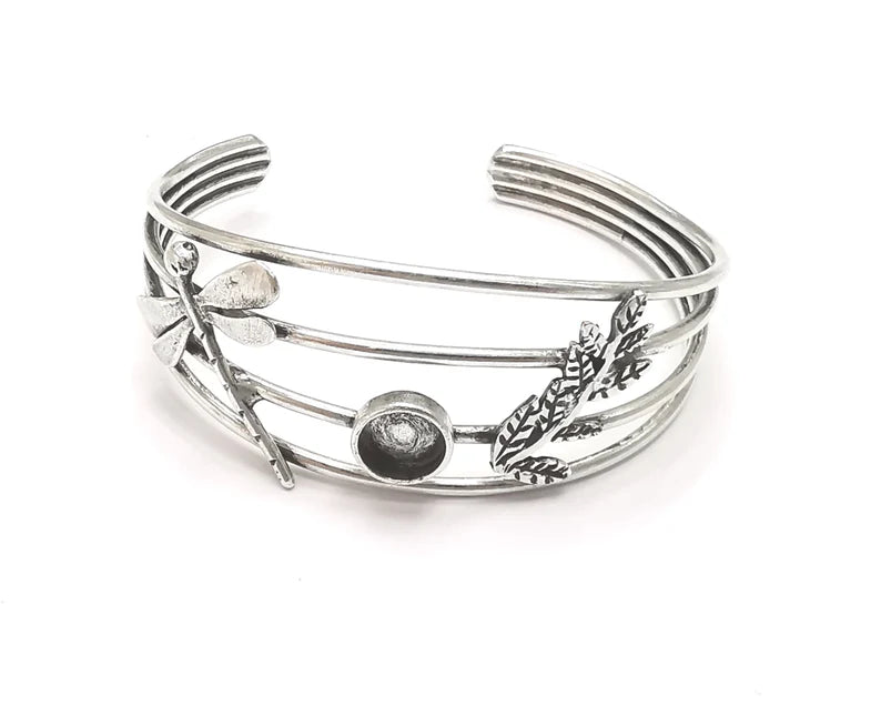 Dragonfly Branch leaf silver bracelet brass cuff blank bezel Glass cabochon base Adjustable antique silver plated brass (8 mm blank) G26333