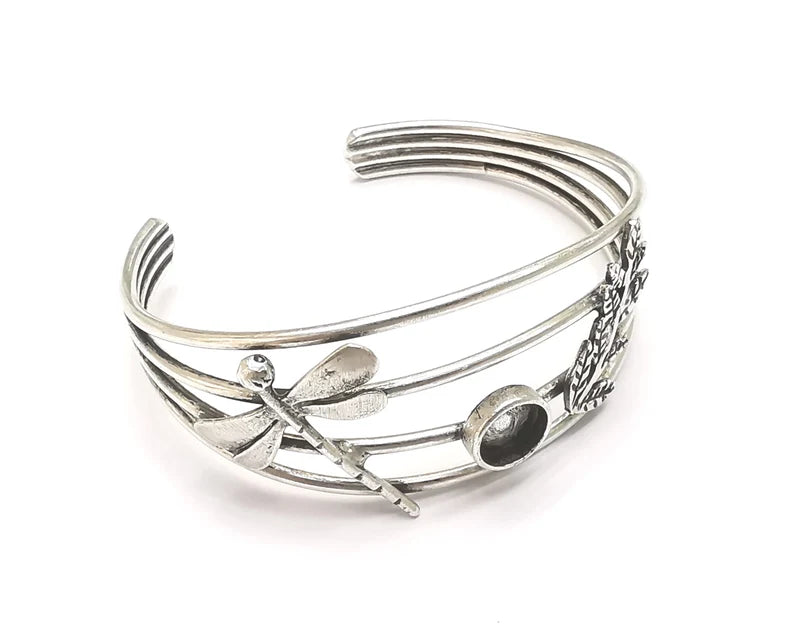 Dragonfly Branch leaf silver bracelet brass cuff blank bezel Glass cabochon base Adjustable antique silver plated brass (8 mm blank) G26333