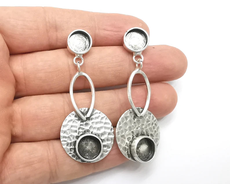 1 Pairs Hammered disc silver dangle earring base wire Antique silver plated brass earring base (60x24mm) G26335