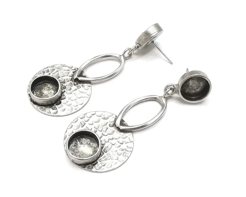 1 Pairs Hammered disc silver dangle earring base wire Antique silver plated brass earring base (60x24mm) G26335