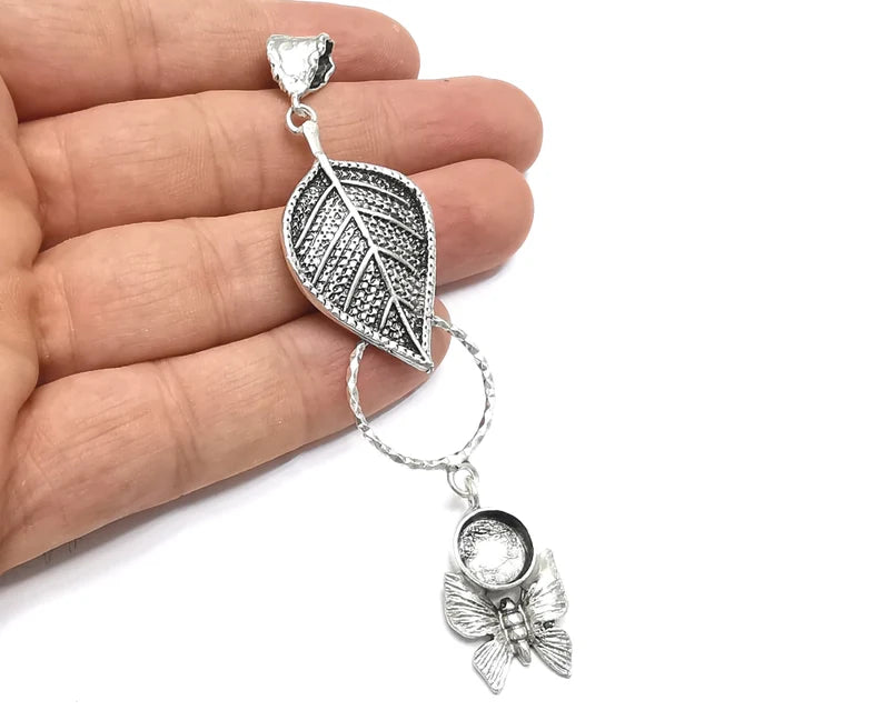 Leaf butterfly pendant base setting bezel blank Antique silver plated brass pendant (10mm blank) G26339