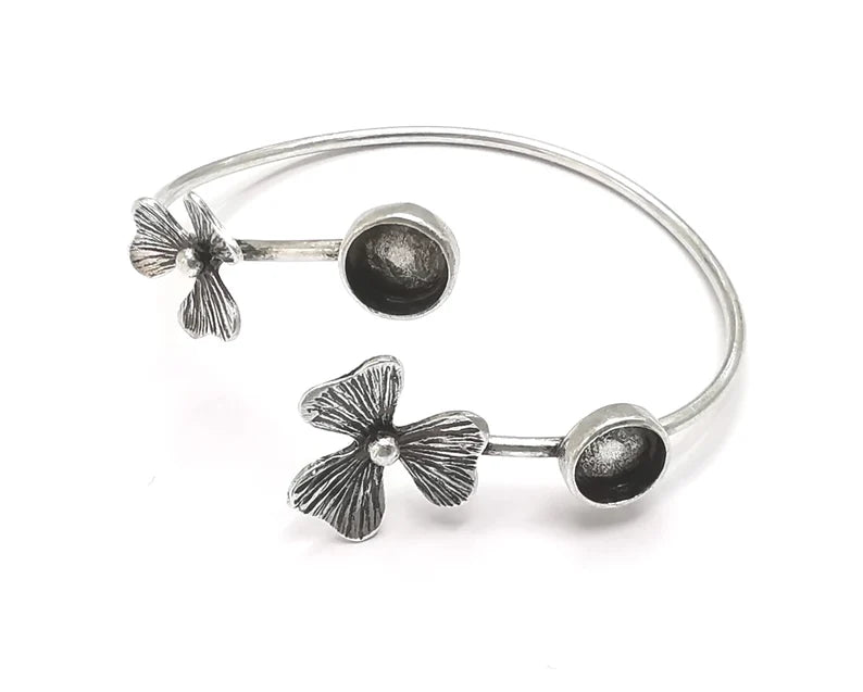 Flower bracelet blank resin cuff dry flower inlay blank cuff bezel Glass cabochon base Adjustable Antique Silver plated brass (8mm ) G26342