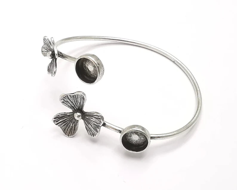 Flower bracelet blank resin cuff dry flower inlay blank cuff bezel Glass cabochon base Adjustable Antique Silver plated brass (8mm ) G26342