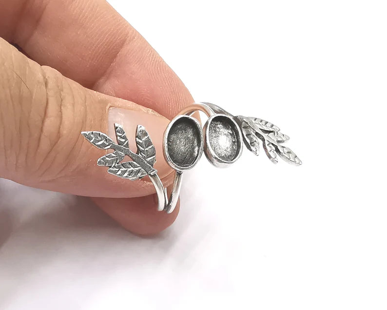 Leaf branch silver ring setting blank cabochon mounting adjustable ring base bezel Antique silver plated brass (9x6 mm) G26175