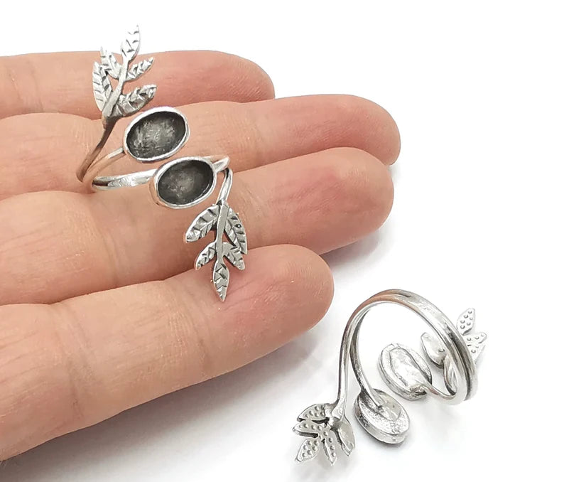 Leaf branch silver ring setting blank cabochon mounting adjustable ring base bezel Antique silver plated brass (9x6 mm) G26175