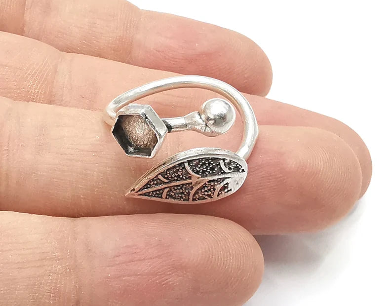 Leaf silver ring setting blank cabochon mounting adjustable ring base bezel Antique silver plated brass (6 mm) G26176
