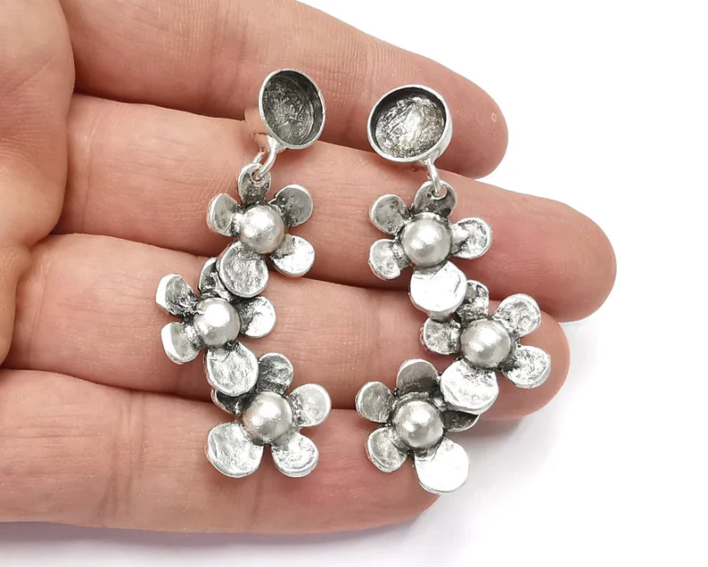 1 Pairs Flowers silver dangle earring set base wire Antique silver plated brass earring base (56mm) G26352