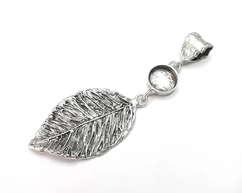 Leaf pendant base setting bezel blank Antique silver plated brass pendant (76mm)(10mm blank) G26355