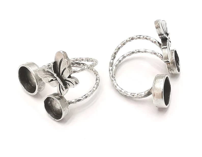 Butterfly silver ring setting blank cabochon mounting adjustable ring base bezel Antique silver plated brass (10 and 8 mm) G26179