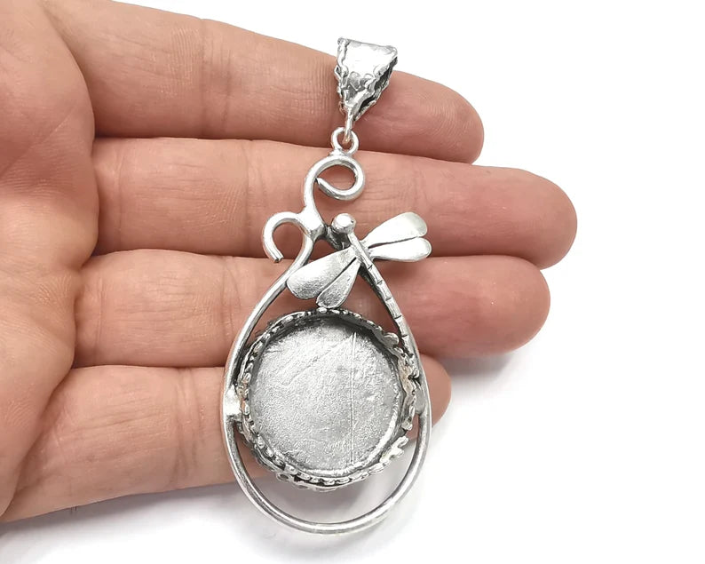 Dragonfly pendant base setting bezel blank Antique silver plated brass pendant (80x33 mm)(25 mm blank) G26359